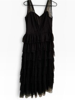 Collectif Black Strapless Lace Tiered Midi Dress With Sheer Polka Dot Yoke